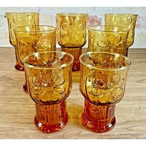 Vintage Libbey Country Garden Amber Glass Goblets Floral Pedestal MCM Set of 7